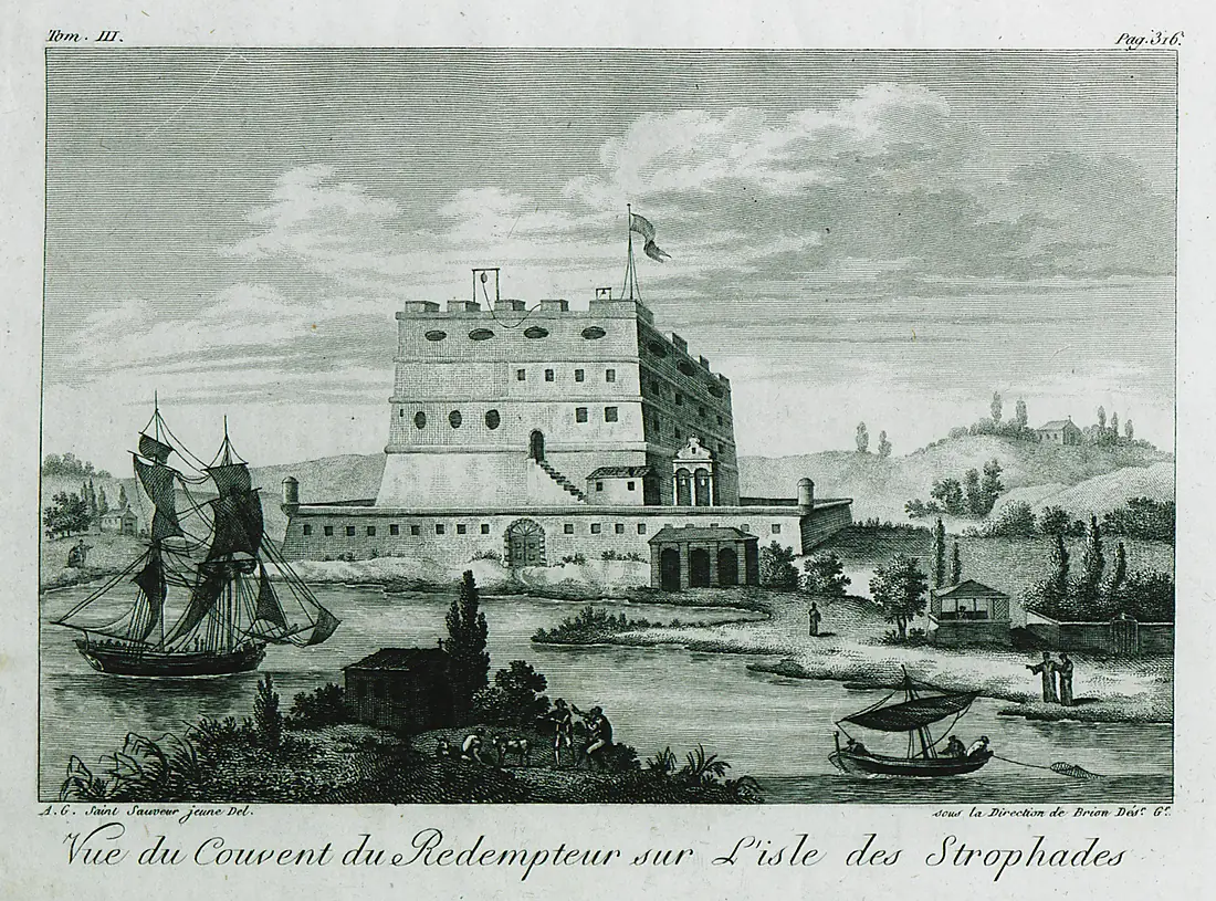 Vue du couvent du Redempteur sur l'isle des Strophades - Grasset De Saint-sauveur André - 1800